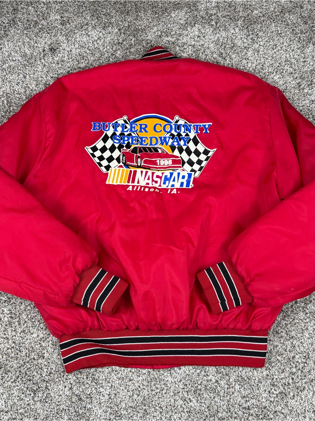 Vintage 90s Sz Xl Men’s Holloway Red Nascar Butler County Speedway Bomber Jacket